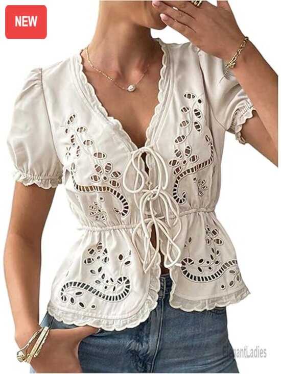 Tops - Boho Eyelet Embroidery Blouse Puff Sleeve V Neck